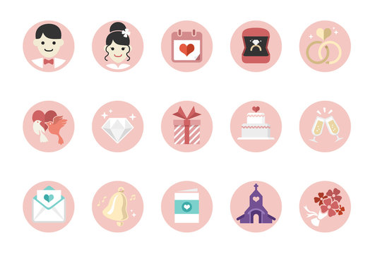 A set of wedding icons in sweet colors.