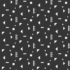 Abstract geometric shapes dark seamless pattern. Vintage geometry inspired seamless white on dark background.