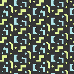Abstract geometric shapes dark seamless pattern. Vintage geometry inspired seamless green and blue on dark background.