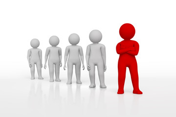 Small person the leader of a team allocated with red colour. 3d rendering. Isolated white background.