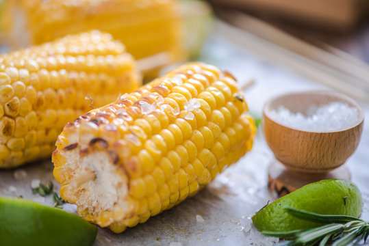 Sweet Corn Cob Grilled Served With Salt