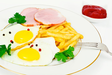 French Fries with Scrambled Eggs, Ham, Ketchup