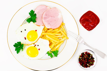 French Fries with Scrambled Eggs, Ham, Ketchup