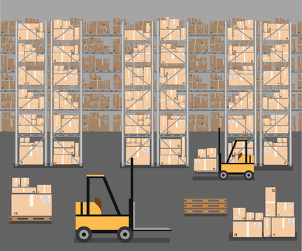 Warehouse load boxes and barrels to stacks using forklifts.