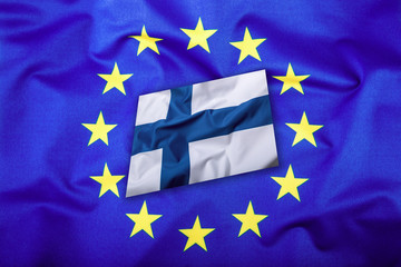 Flags of the finland and the European Union. Finland Flag and EU Flag. Flag inside stars. World flag concept.