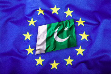 Flags of the Pakistan and the European Union. Pakistan Flag and EU Flag. Flag inside stars. World flag concept.