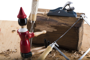 Puppet Pinocchio made of wood and then painted on a white background