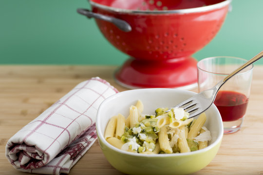 Pasta, Penne With Oil Zucchini And Parmesan Cheese