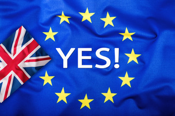 Brexit. Brexit Yes. Brexit No. Flags of the United Kingdom and the European Union. UK Flag and EU Flag. British Union Jack flag. Flag outside stars. England appearances in the European Union.