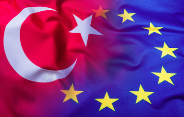 Flags of the Turkey and the European Union. Turkey Flag and EU Flag. World flag concept.
