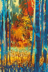 Plakaty  jesienny las z niebieskimi drzewami na pierwszym planie, ilustracja art
