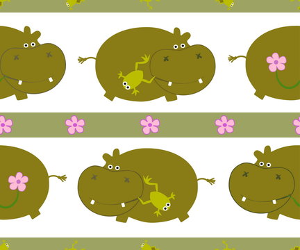 Drawing of a seamless pattern with cute behemoths in cartoon style with a frog and flower on a white background