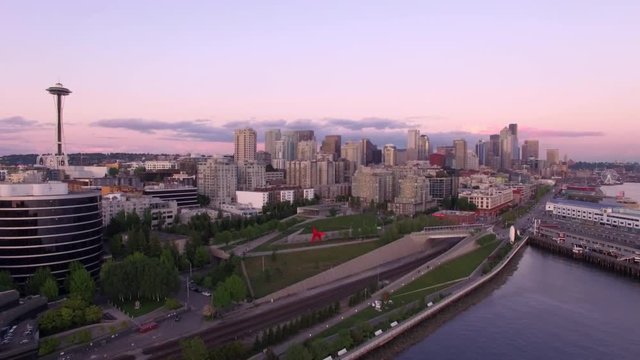 Sunset Aerial of Downtown Downtown Seattle Skyline