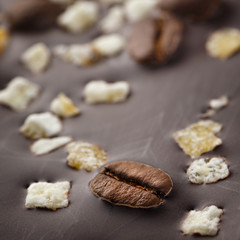 Obraz na płótnie Canvas Dark chocolate with coffee grains and fruits.