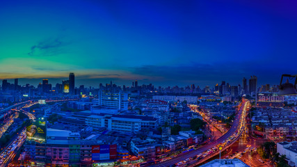 Nighttime and transportation in Bangkok city Thailand, panorama