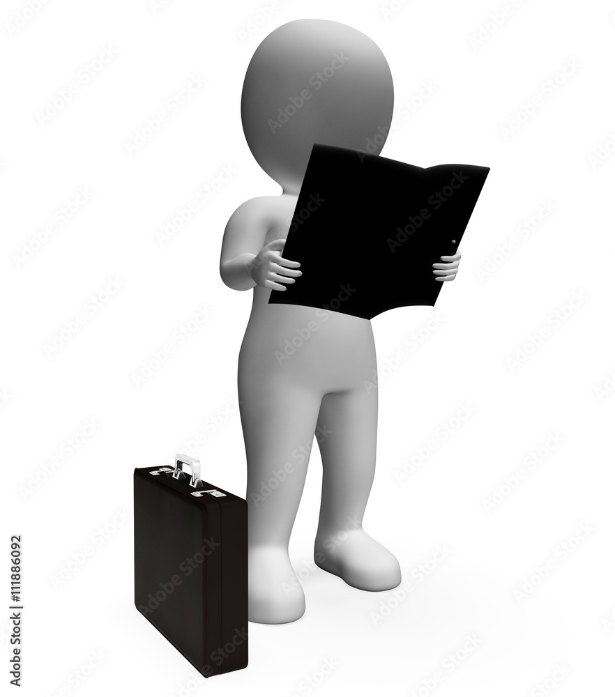 Poster reading character shows business person and book 3d rendering