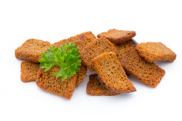 Bread croutons isolated on a white background.