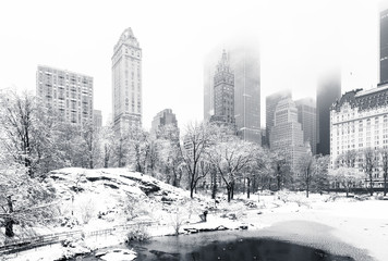 De vijver in Central Park op een mistige winterochtend, gezien vanaf Gapstow Bridge. Lage wolken bedekken de wolkenkrabbers van Manhattan