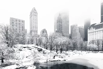 Foto auf Acrylglas New York Der Teich im Central Park an einem nebligen Wintermorgen, von der Gapstow Bridge aus gesehen. Niedrige Wolken bedecken die Wolkenkratzer von Manhattan