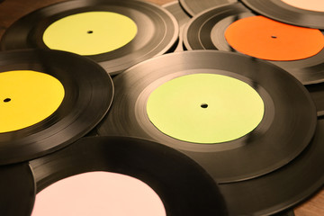 Vinyl records with multicolored labels, background