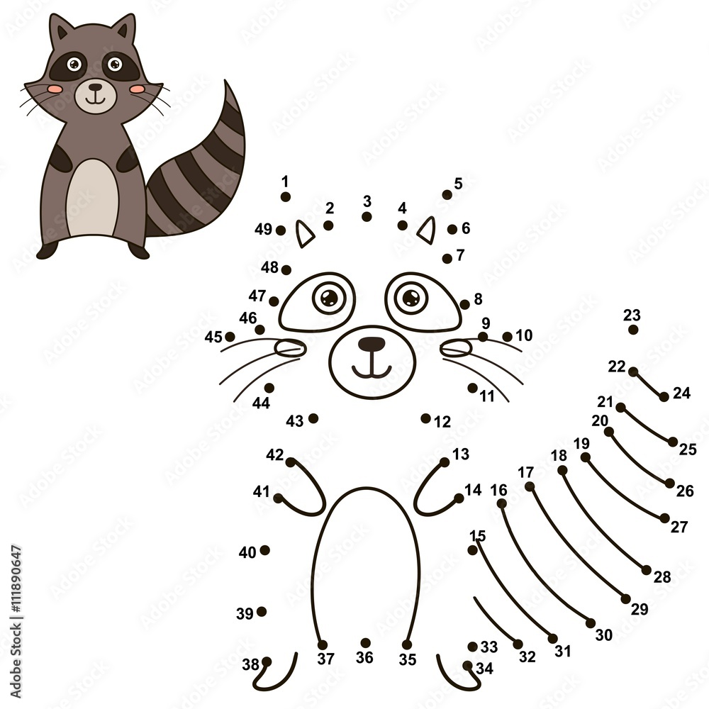 Sticker Connect the dots to draw the cute raccoon and color it