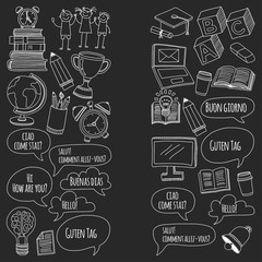 Language school doodle icons on blackboard