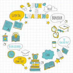 Language school linear doodle icons on notebook paper