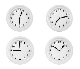 Collage of round wall clocks, isolated on white