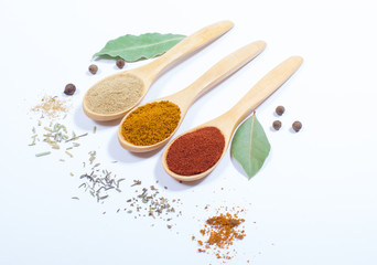Spice powder. Closeup on paprika, curry and ginger.