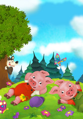 Obraz na płótnie Canvas Cartoon fairy tale scene with pigs doing different things - illustration for children