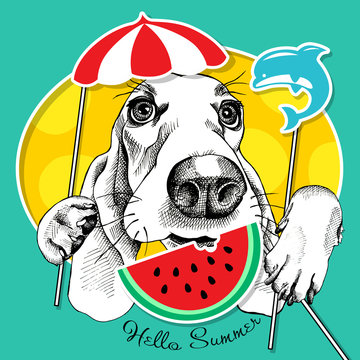 Festive poster with the portrait of the dog Basset Hound with the summer photo booth props. Vector illustration.