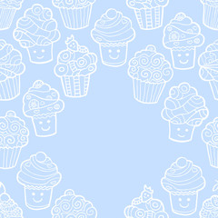 Blue background with cute doodle cupcakes.