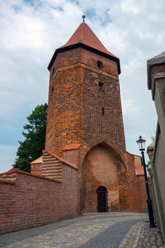 Gothic medieval tower in Lembork, Poland.