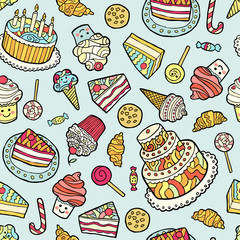 Seamless pattern with sweets on blue background.