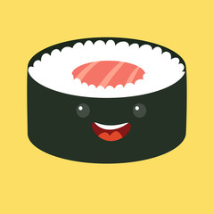 Fun sushi vector cartoon character. Cute sushi roll. Japanese food. Sushi with cute faces. Happy sushi characters. Vector sushi icon. Shusi isolated on white background