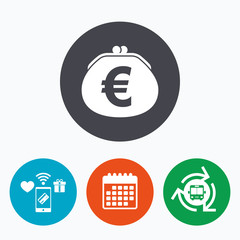 Wallet euro sign icon. Cash bag symbol.
