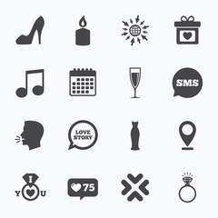 Wedding, engagement icons. Ring with diamond.