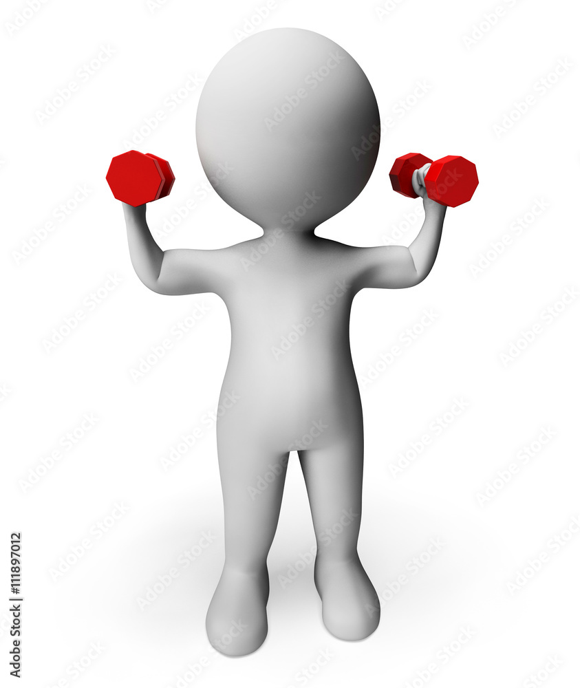 Poster dumbbells character means getting fit and barbell 3d rendering