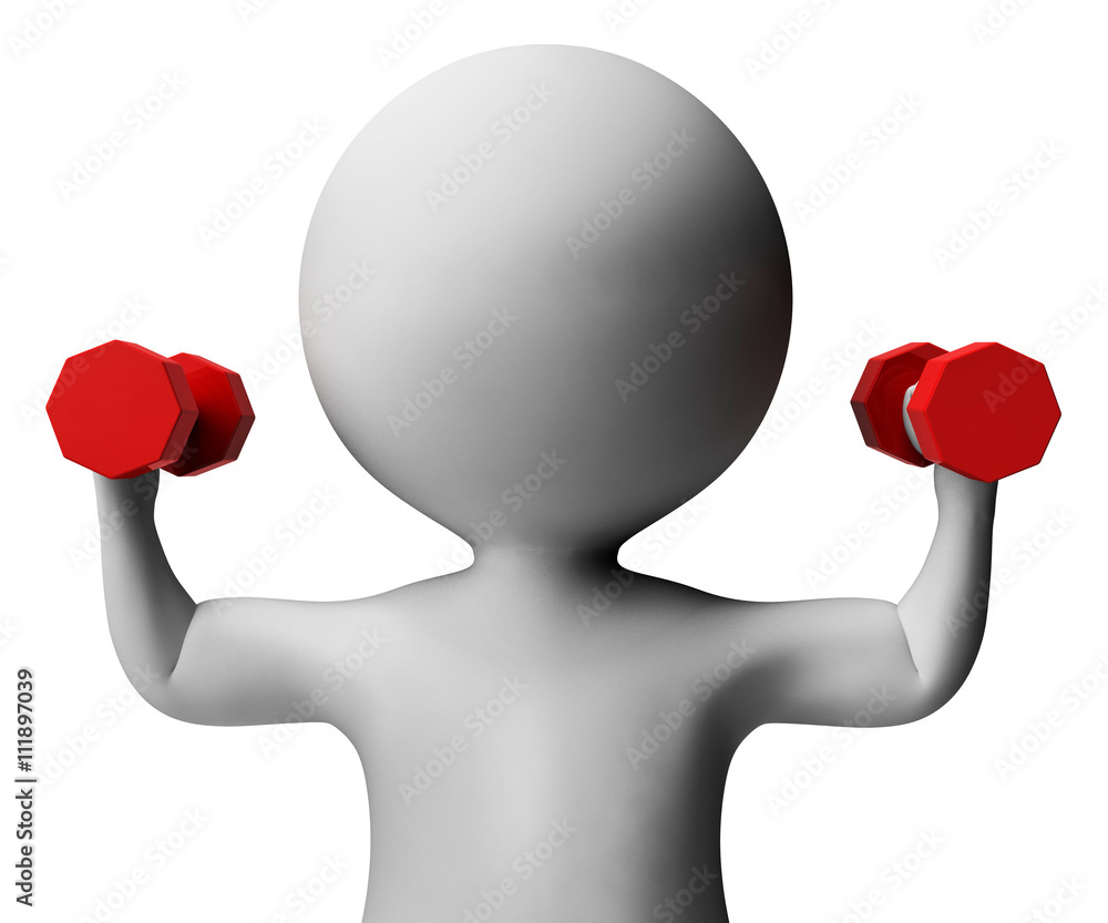 Poster exercise character represents getting fit and barbell 3d renderi