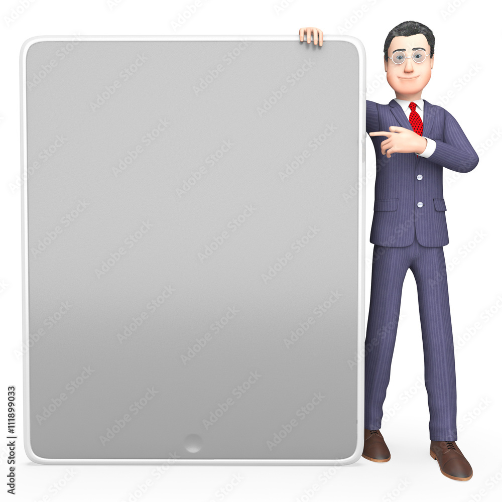 Poster businessman character means copy space and board 3d rendering