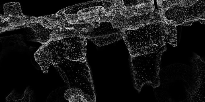 Camera move through pieces of 3d engine scheme. Isolated. Render black and white.