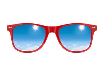 red sunglasses with sky and clouds in reflection isolated