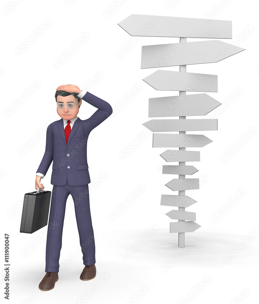 Poster confused businessman means blank sign and character 3d rendering