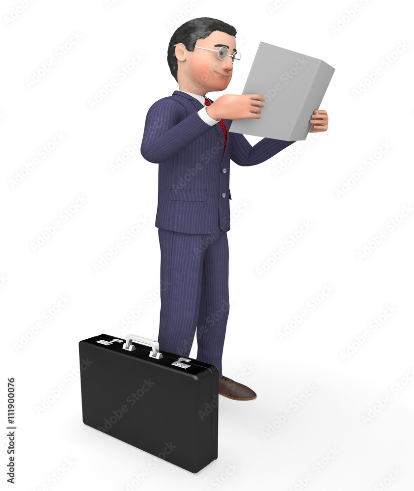 Poster reading report indicates business person and books 3d rendering
