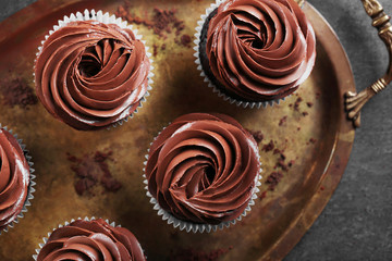 Chocolate cupcakes on a tray over grey background, close up