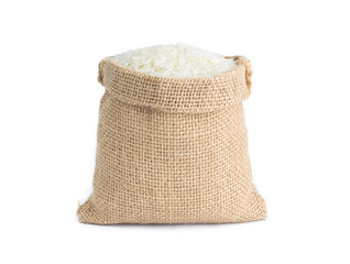White long rice in small burlap sack..