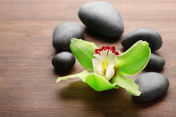 Stones and green orchid on wooden background