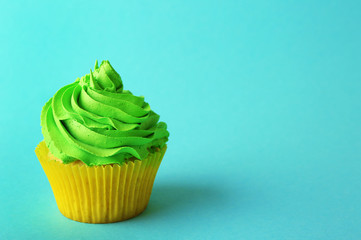 Birthday cupcake on turquoise background