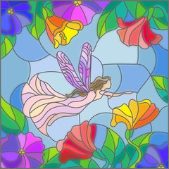Fototapeta na wymiar Illustration in stained glass style with a winged fairy in the sky, flowers and greenery