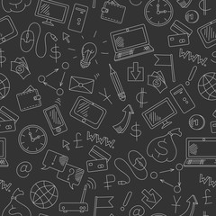 Seamless background on the topic of information technology and earn money online, simple hand-drawn contour icons, light outline on a dark background